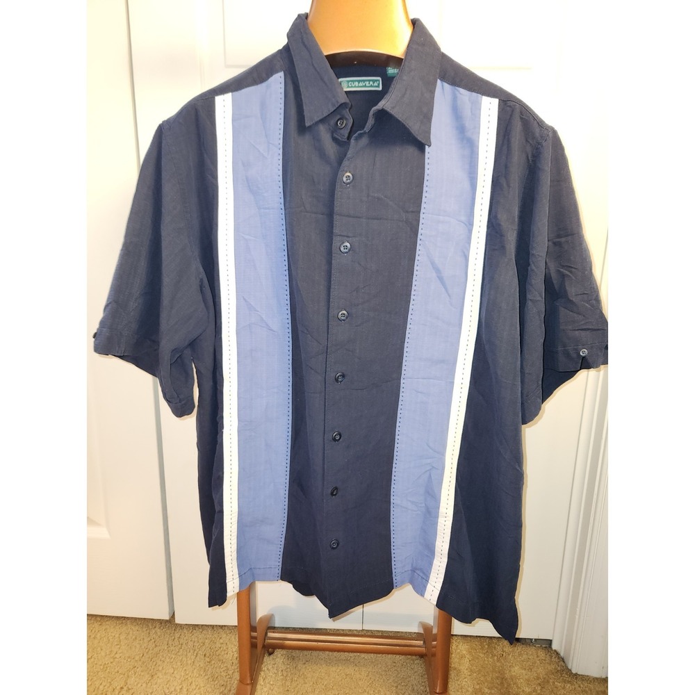 Cubavera Mens Blue Rayon Blend Front‎ Strip Detail Button-Up Shirt Size XLT